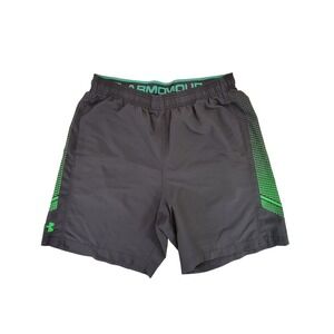 Under Armour Youth Athletic Shorts Gray Green Logo HeatGear Loose Fit Large
